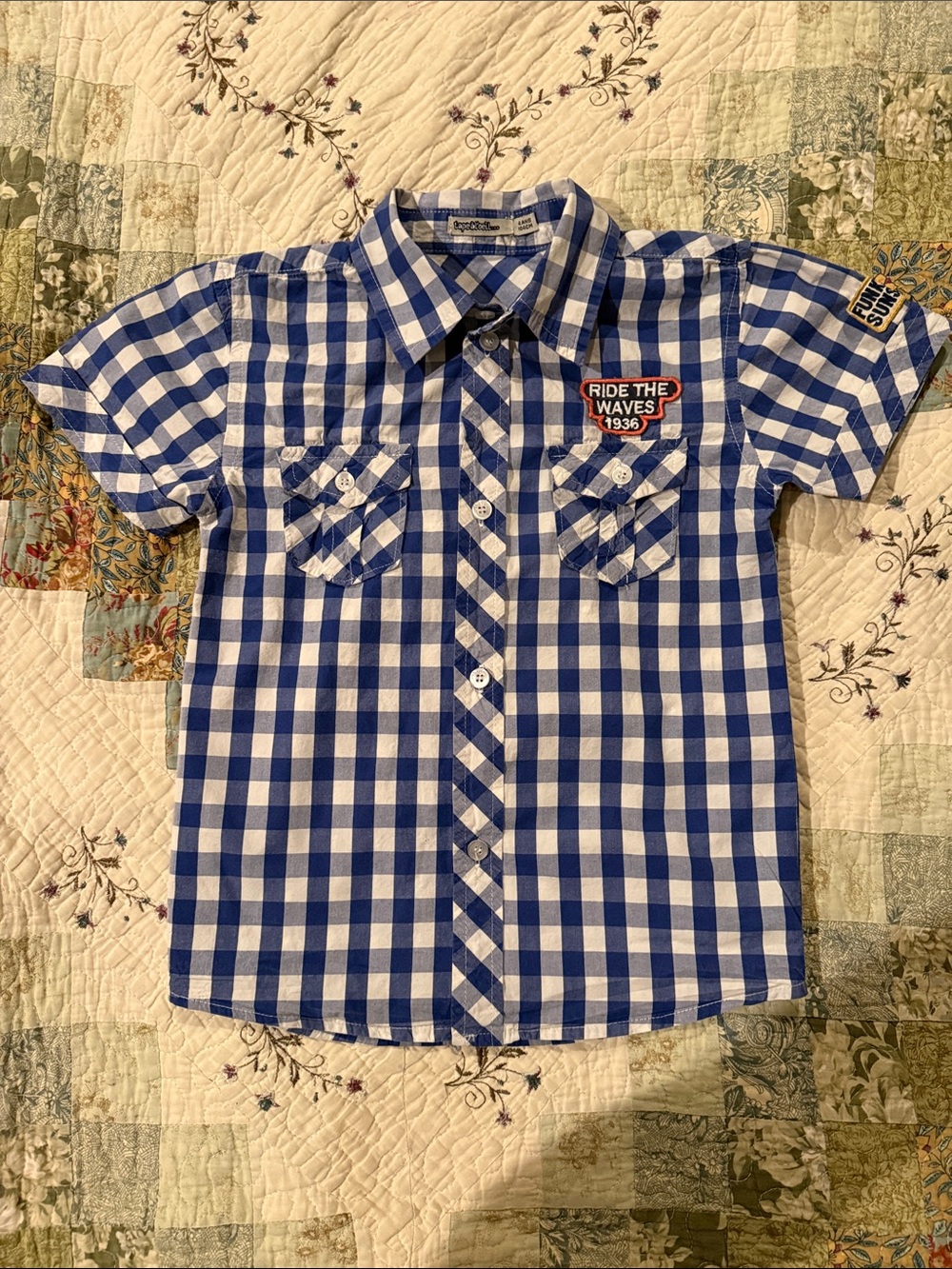 Blue Gingham Button-Down Shirt with 'Ride The Waves' Patch